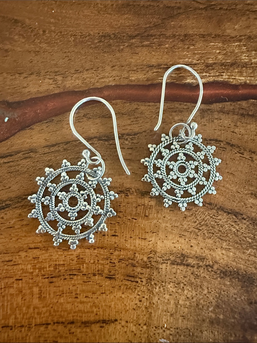 Silver Tone Filigree Sunburst Drop Earrings - Silver